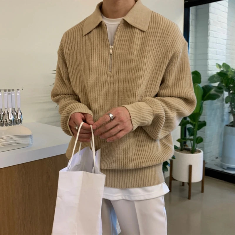 Men Warm Fashion Casual Knit Pullover Men Korean Loose Zipper Long Sleeve