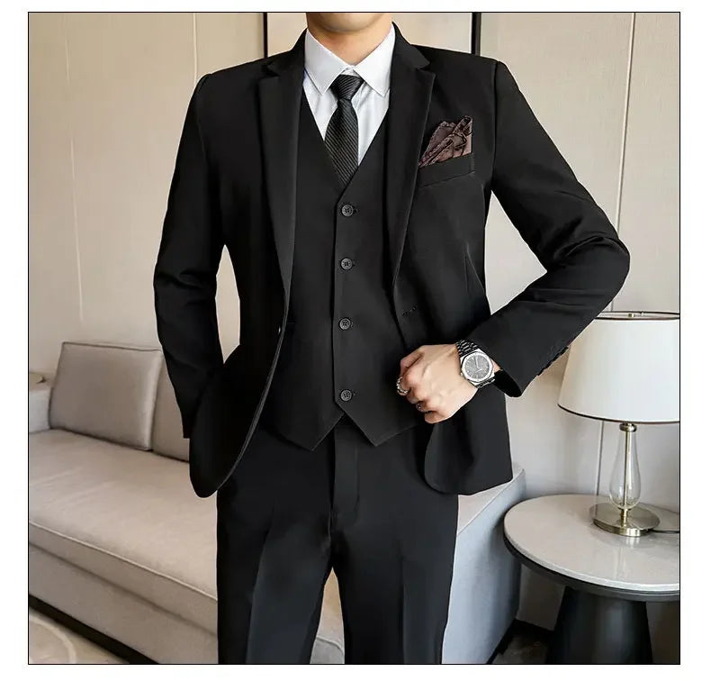 Black Mens Office Suit 3 Piece, Fashion Slim Fit Jackets and Vest with Trousers