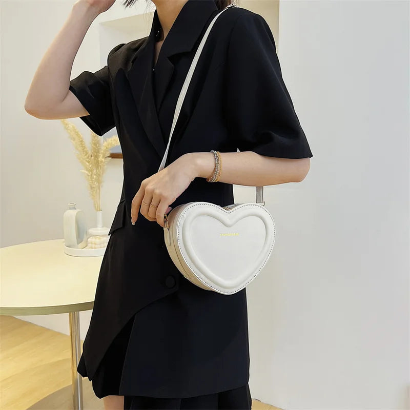 Solid Color Pu Leather Shoulder Bags Heart Shape Crossbody