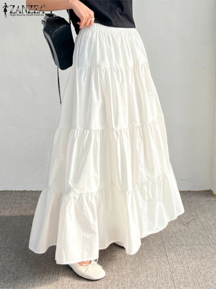 ZANZEA Women Casual Tiered Maxi Skirt Korean Fashion Elastic