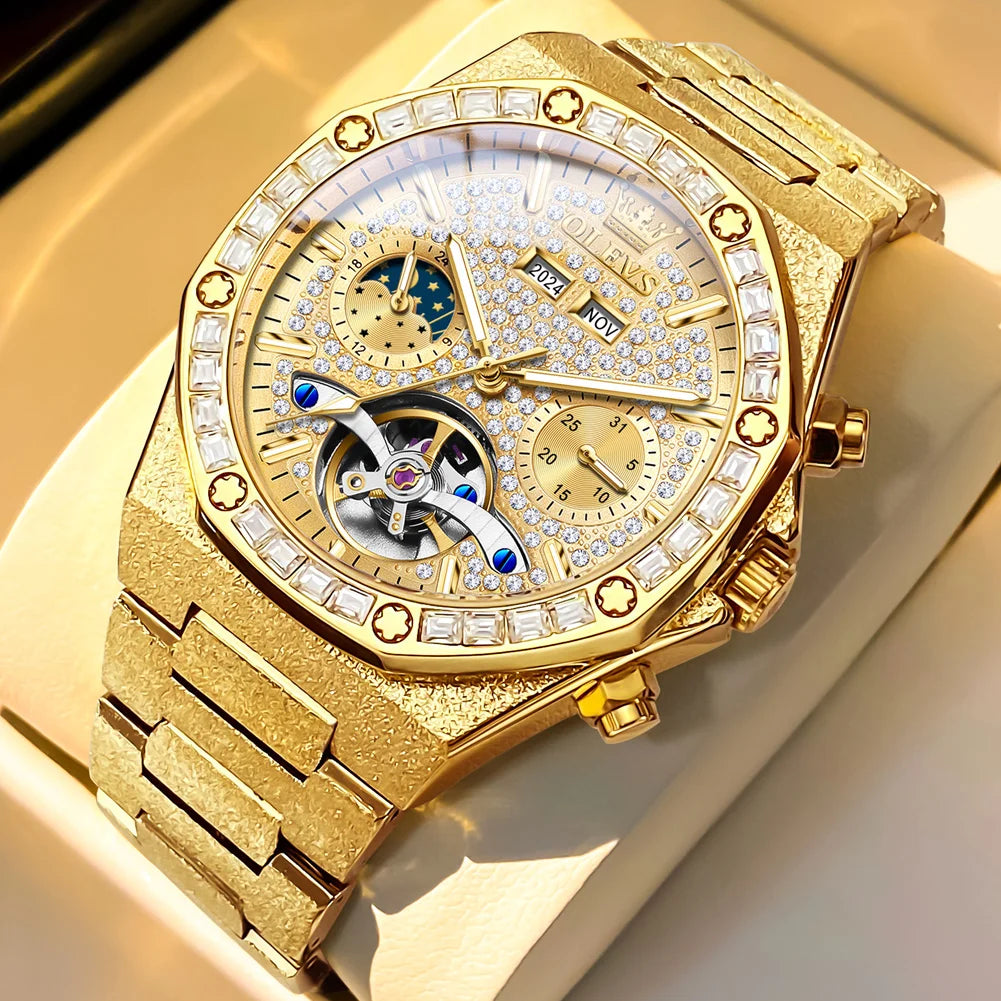 OLEVS Gold Steel Mens Watches Top Brand Automatic Mechanical Luxury Watch