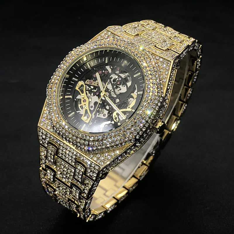Luxury Full Ice Out  Hip Hop Tourbillon Watches Bling Diamond Gold Male