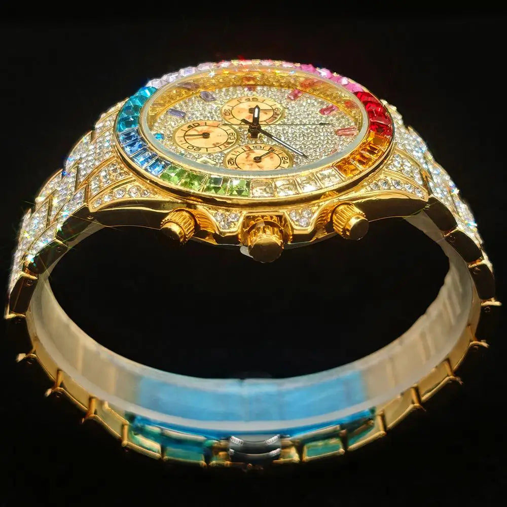 Gold Watch For Men Brand UNIGUET Hip Hop Rainbow Diamond shiny Jewelry