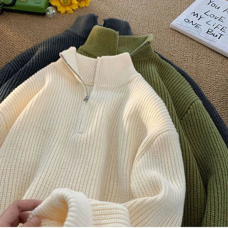 Zipper Turtleneck MEN Knitted Sweatshirt Korean Loose Lazy Style Solid Sweater