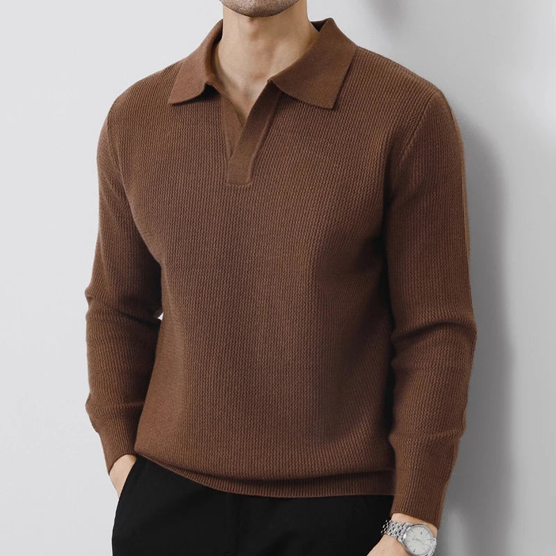 VOODIEX Autumn New Casual Knit Polo Shirts Men Fashionable Long Sleeve
