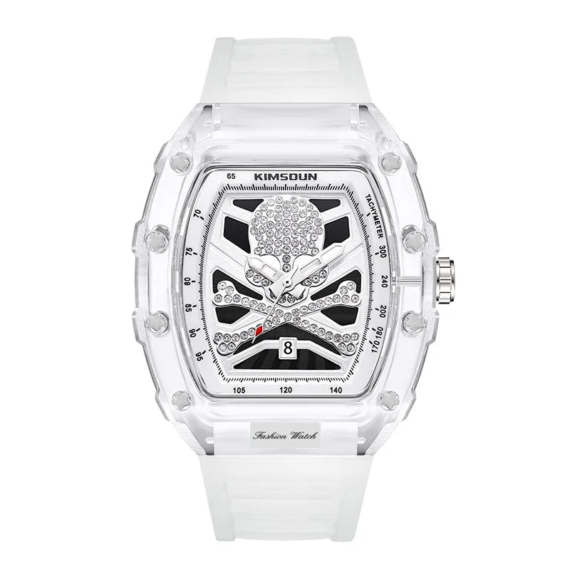 Aa fantastic watch, barrel shaped skull shaped transparent quartz watch
