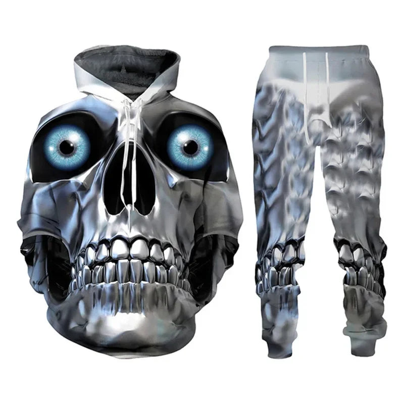 Men Punk Hoodie Suit Skull 3D Print Tracksuit/Pants Goth Skeletons Pullover