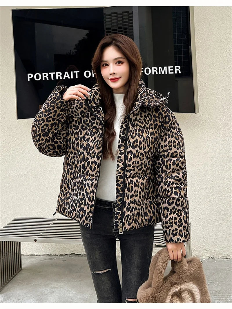Jacket Women Parkas Hooded Leopard Warm Winter Casual Female Overcoat