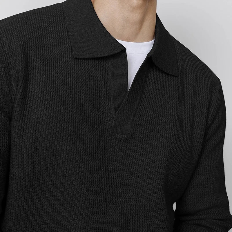 VOODIEX Autumn New Casual Knit Polo Shirts Men Fashionable Long Sleeve