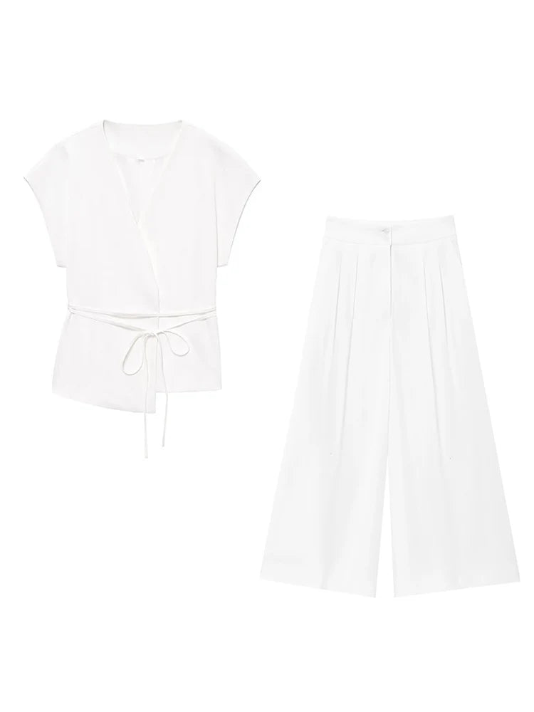 TFMLN Fashion Women's Trouser Suits V-Neck Top with Belt Straight Pants Sets
