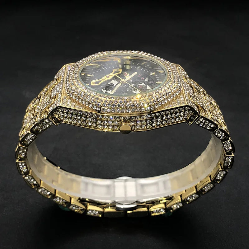 Luxury Full Ice Out  Hip Hop Tourbillon Watches Bling Diamond Gold Male