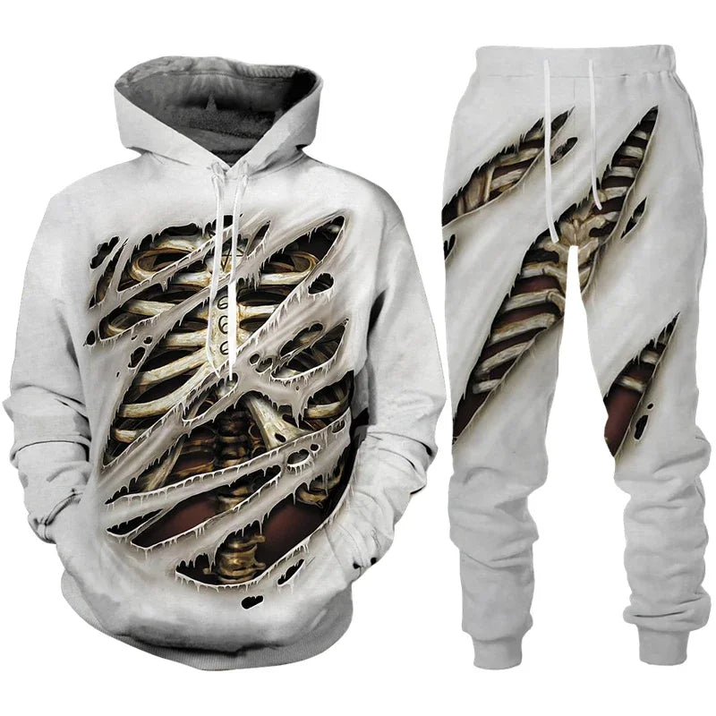 Men Punk Hoodie Suit Skull 3D Print Tracksuit/Pants Goth Skeletons Pullover