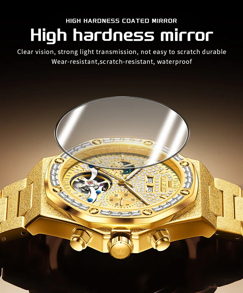 OLEVS Gold Steel Mens Watches Top Brand Automatic Mechanical Luxury Watch