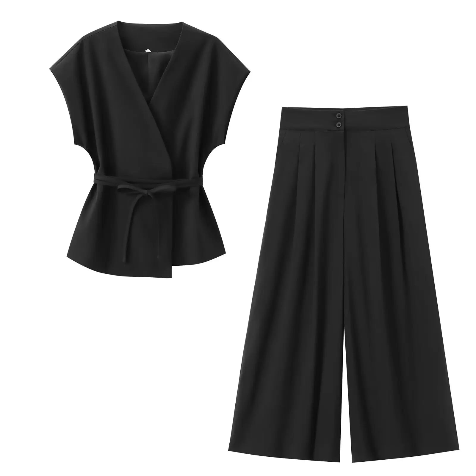 TFMLN Fashion Women's Trouser Suits V-Neck Top with Belt Straight Pants Sets