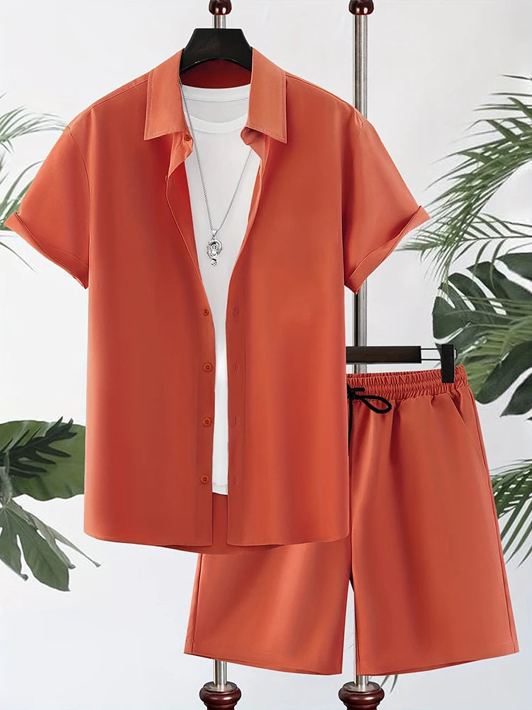 Simple Solid Color Men's Shirt Summer Trend Short Sleeve Shorts