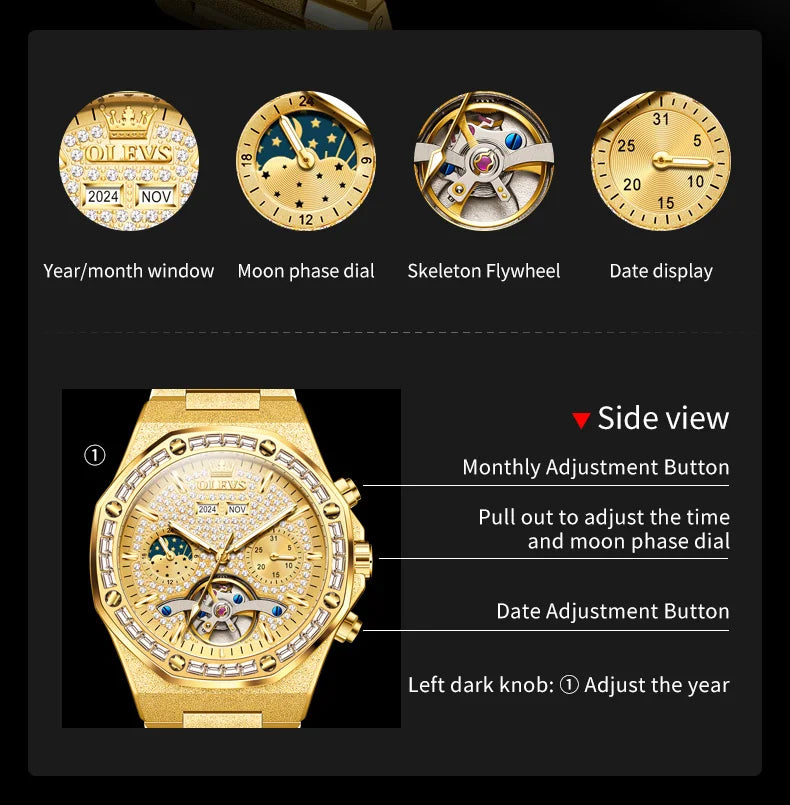 OLEVS Gold Steel Mens Watches Top Brand Automatic Mechanical Luxury Watch