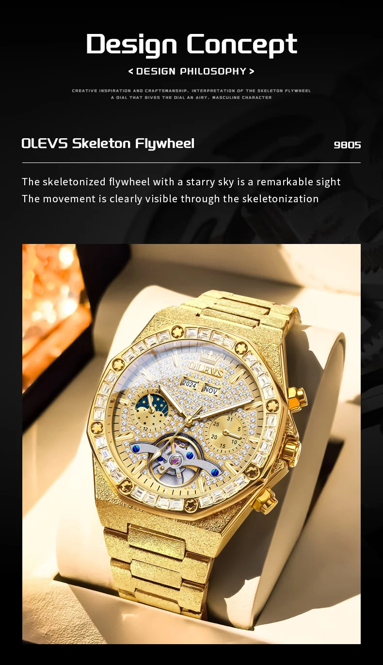 OLEVS Gold Steel Mens Watches Top Brand Automatic Mechanical Luxury Watch