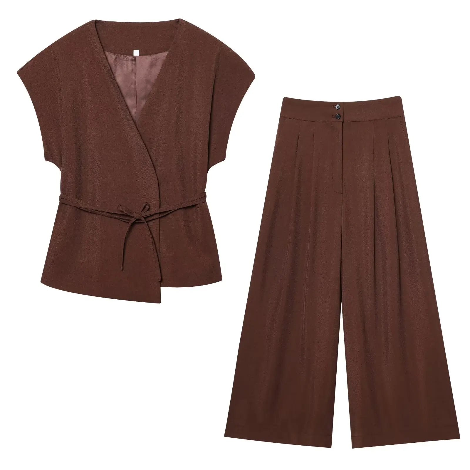 TFMLN Fashion Women's Trouser Suits V-Neck Top with Belt Straight Pants Sets