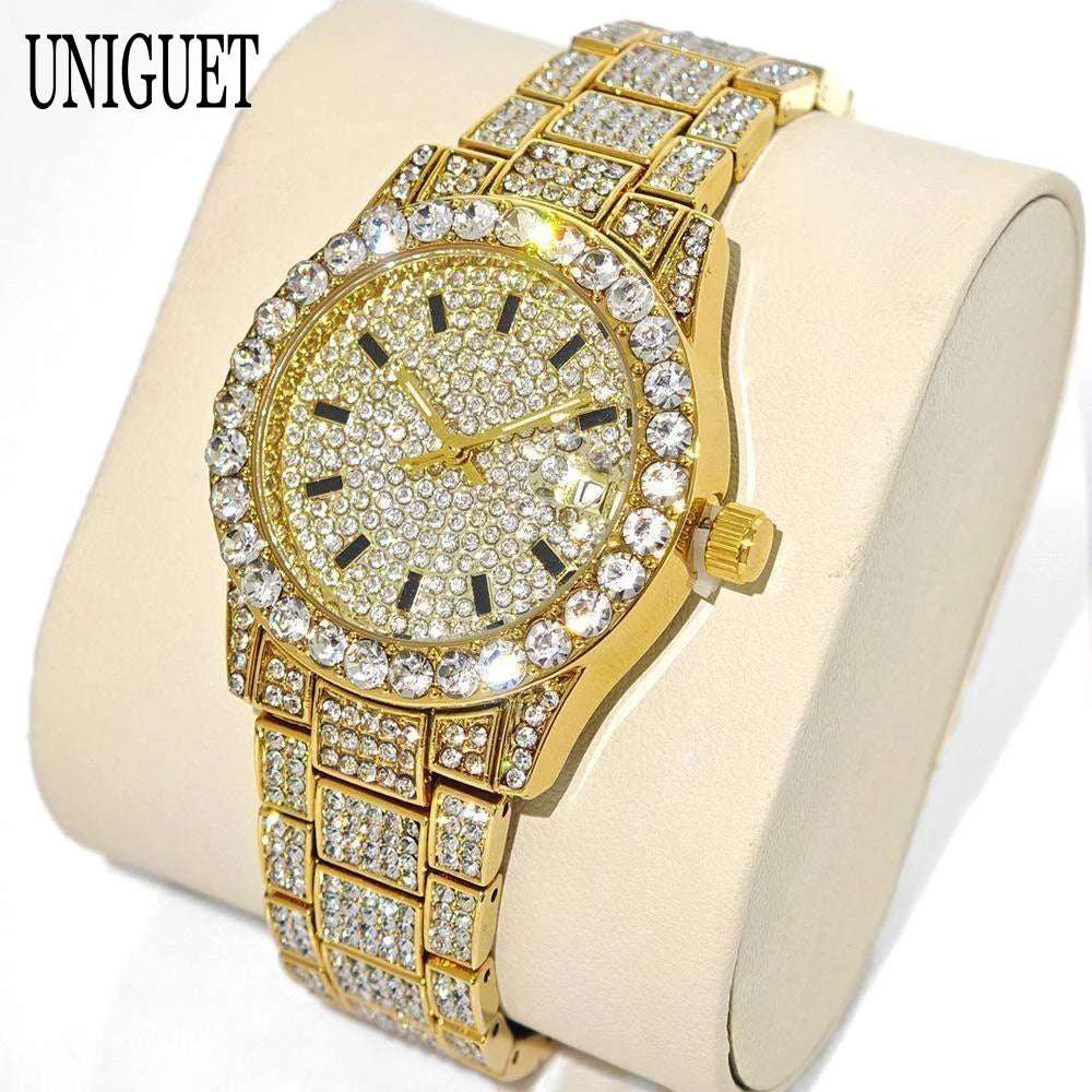 Fashion Gold Watches Women Luxury Stainless Steel Elegant Iced Diamond Jewelry