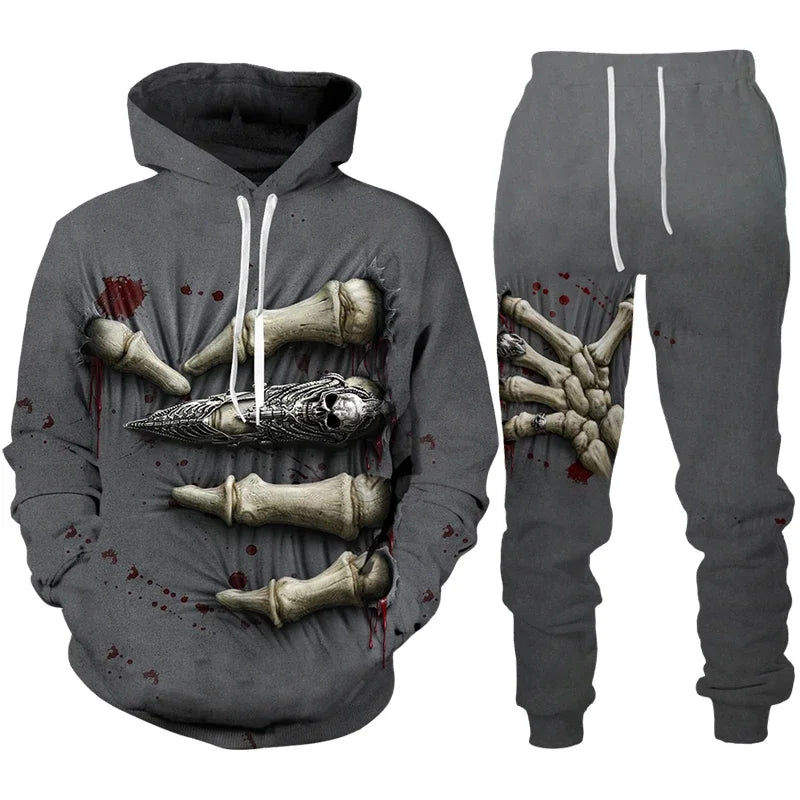 Men Punk Hoodie Suit Skull 3D Print Tracksuit/Pants Goth Skeletons Pullover
