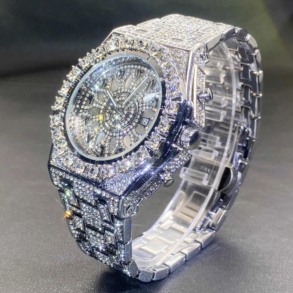 Luxury Gold Men Watch Waterproof Stainless Steel Iced Bracelet Full Diamond