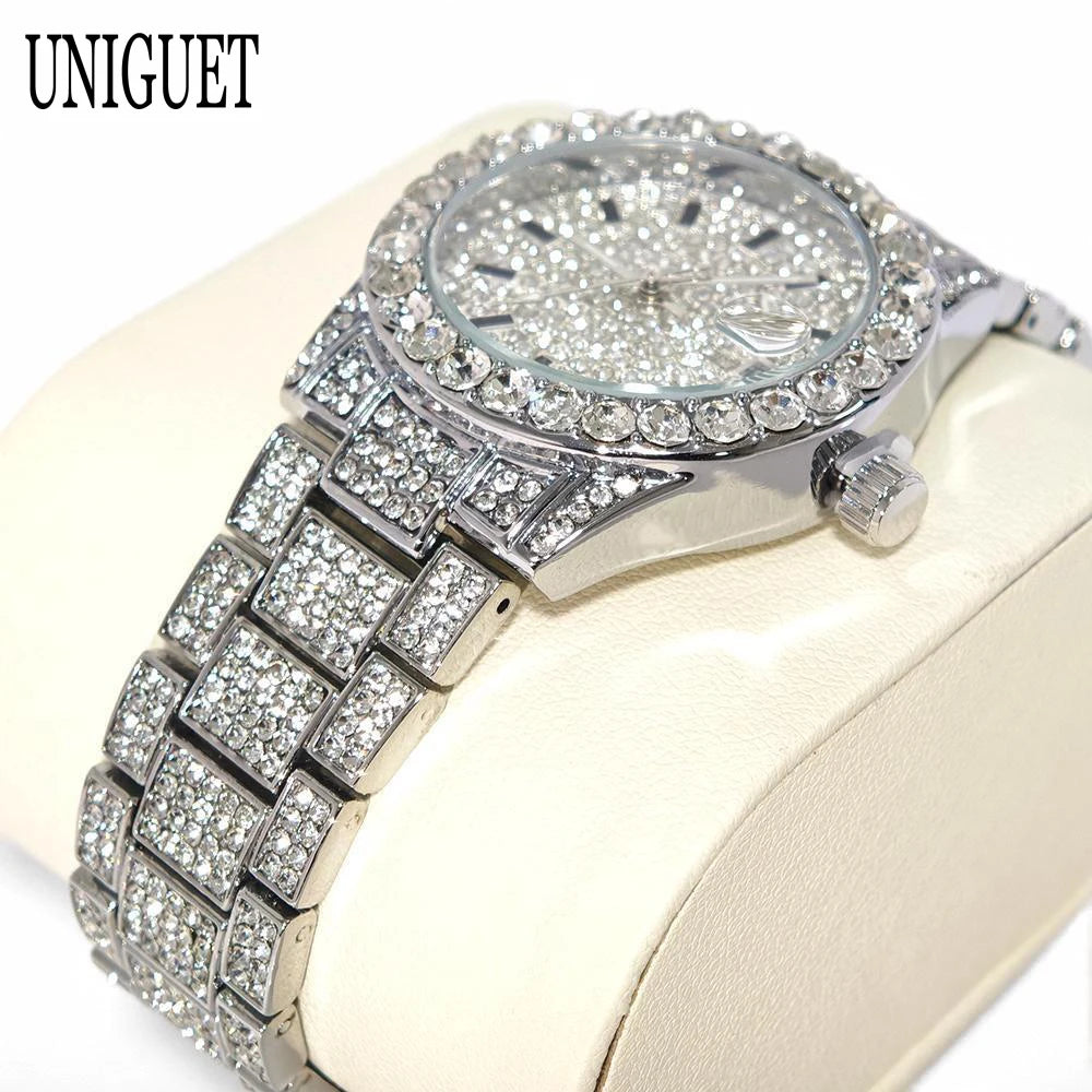 Fashion Gold Watches Women Luxury Stainless Steel Elegant Iced Diamond Jewelry