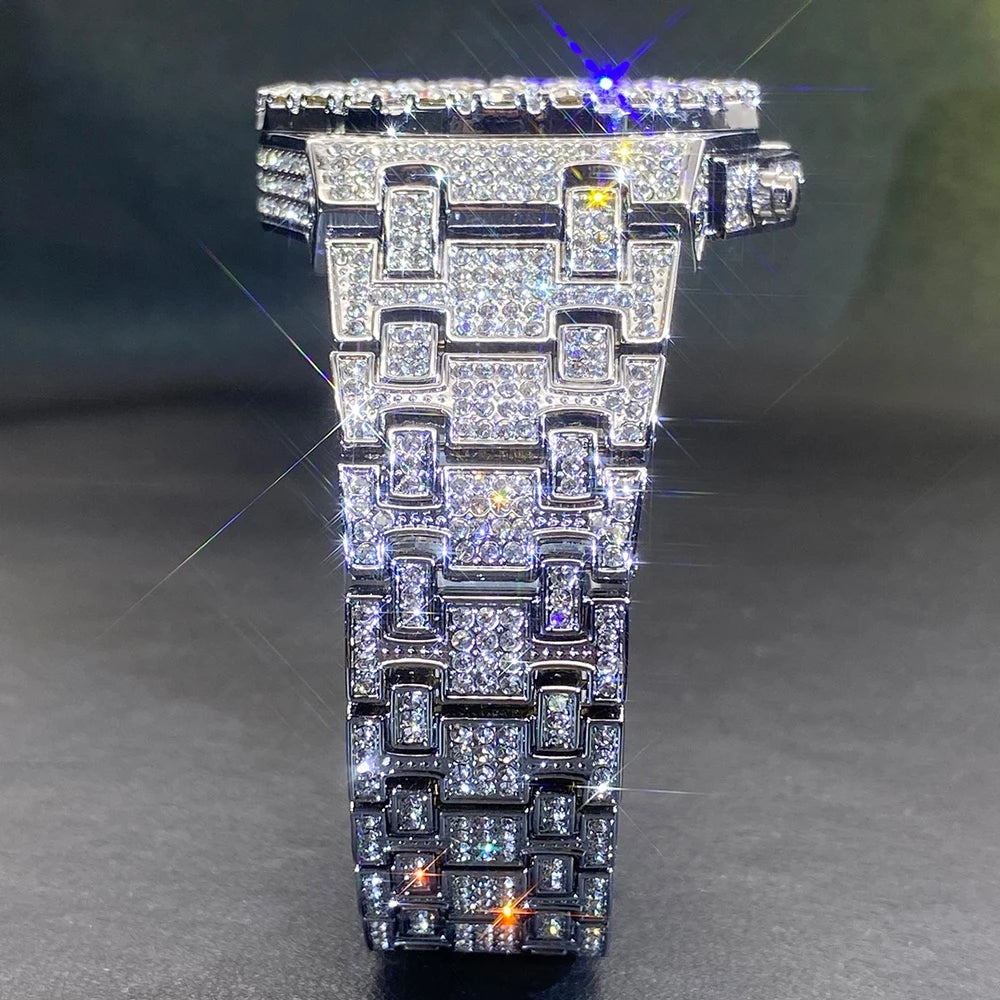 Luxury Gold Men Watch Waterproof Stainless Steel Iced Bracelet Full Diamond