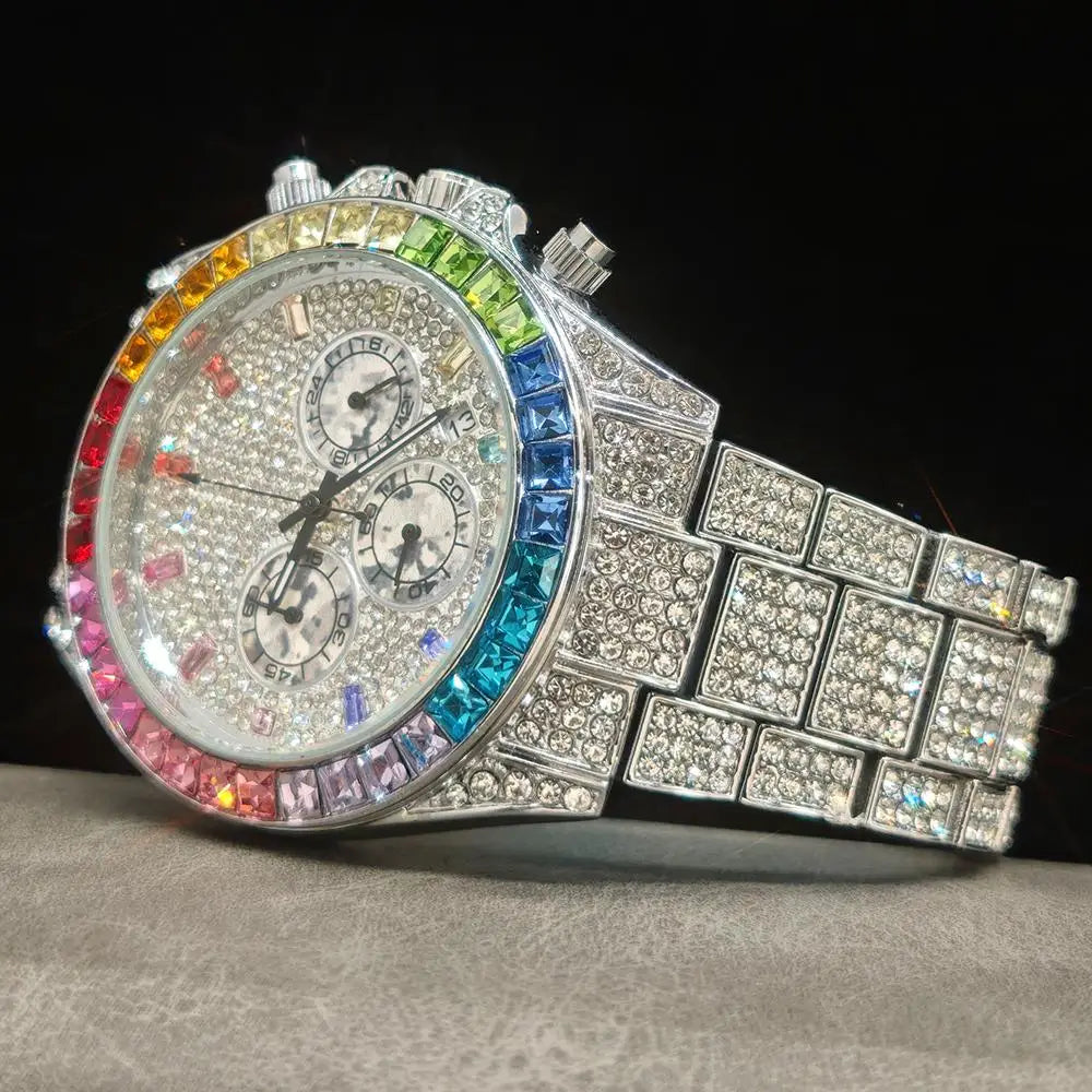Gold Watch For Men Brand UNIGUET Hip Hop Rainbow Diamond shiny Jewelry