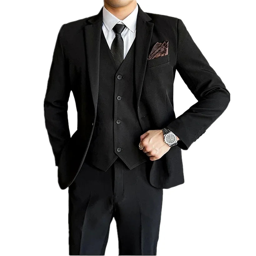 Black Mens Office Suit 3 Piece, Fashion Slim Fit Jackets and Vest with Trousers
