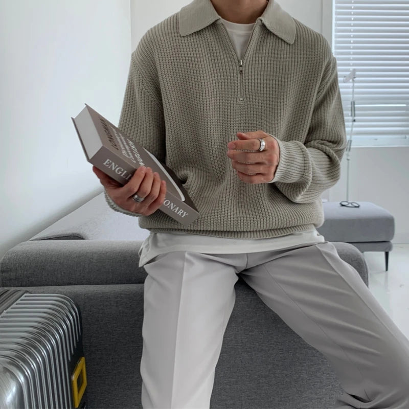 Men Warm Fashion Casual Knit Pullover Men Korean Loose Zipper Long Sleeve