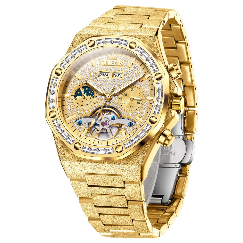OLEVS Gold Steel Mens Watches Top Brand Automatic Mechanical Luxury Watch