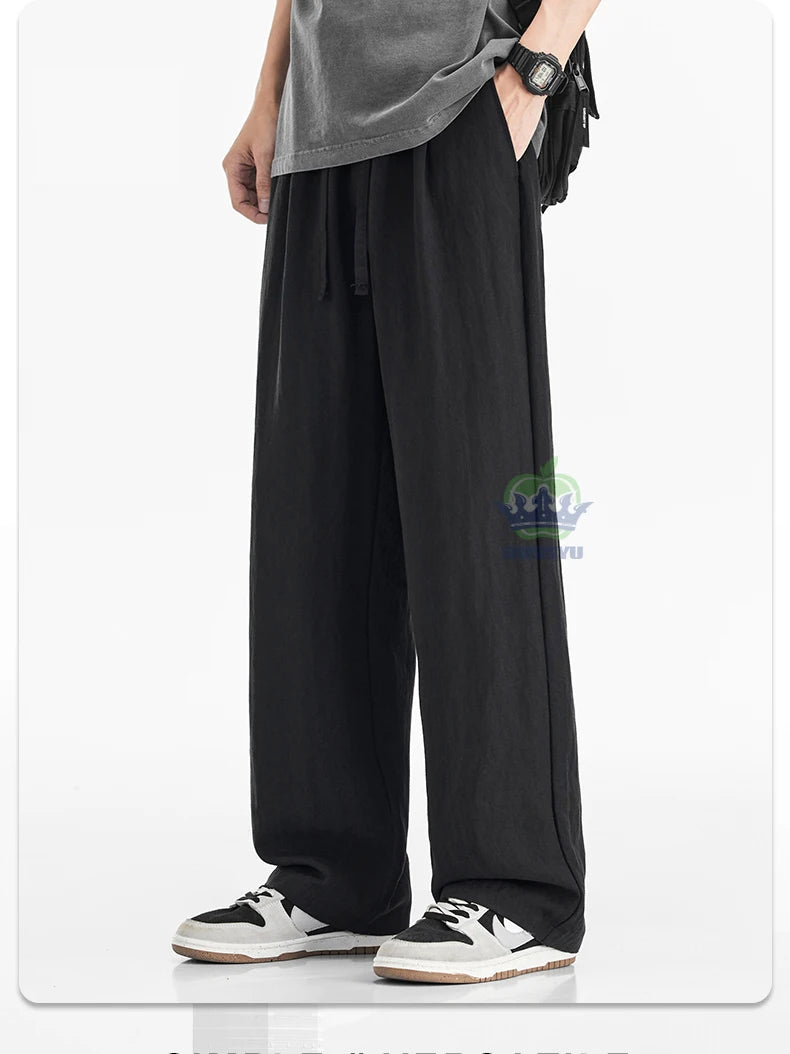 Man's Casual Pants Men Elastic Waist Baggy Straight Wide Leg Jogger Breathable Trouser