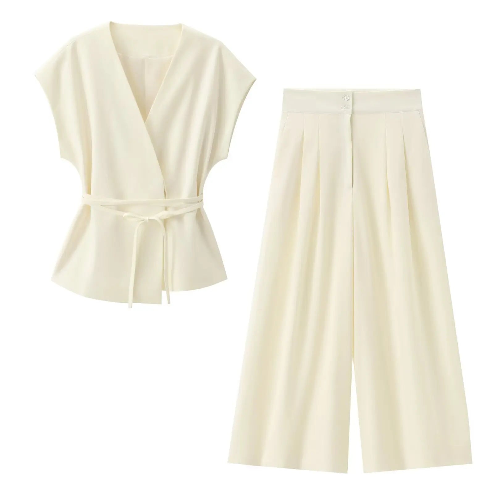 TFMLN Fashion Women's Trouser Suits V-Neck Top with Belt Straight Pants Sets