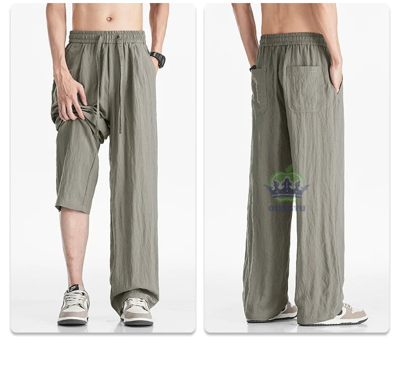 Man's Casual Pants Men Elastic Waist Baggy Straight Wide Leg Jogger Breathable Trouser