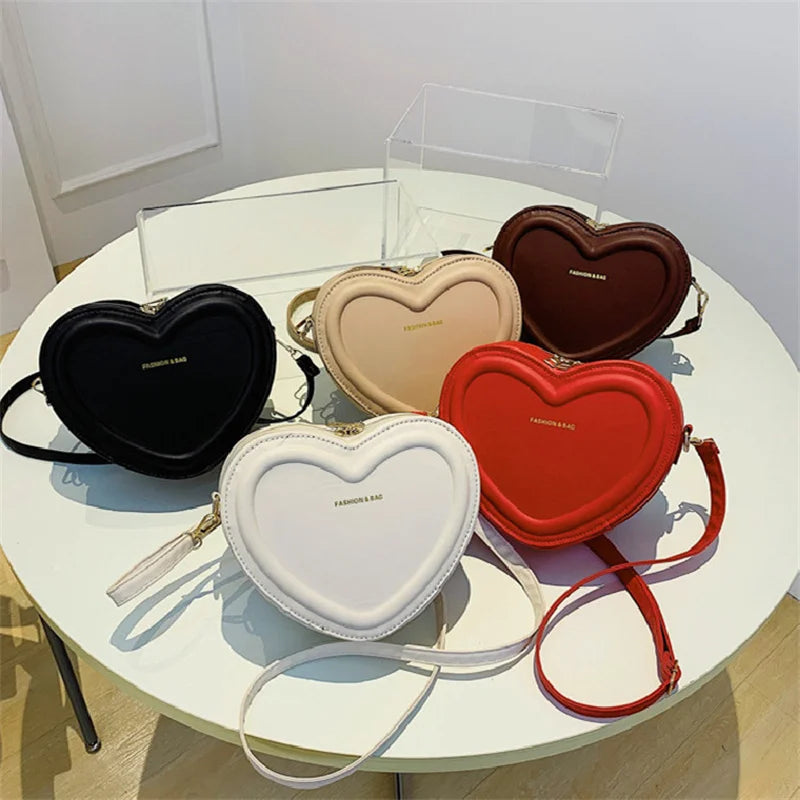 Solid Color Pu Leather Shoulder Bags Heart Shape Crossbody