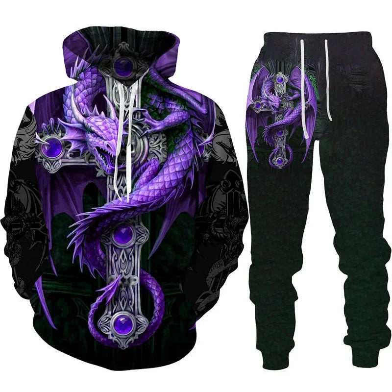 Men Punk Hoodie Suit Skull 3D Print Tracksuit/Pants Goth Skeletons Pullover