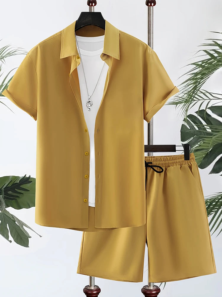 Simple Solid Color Men's Shirt Summer Trend Short Sleeve Shorts