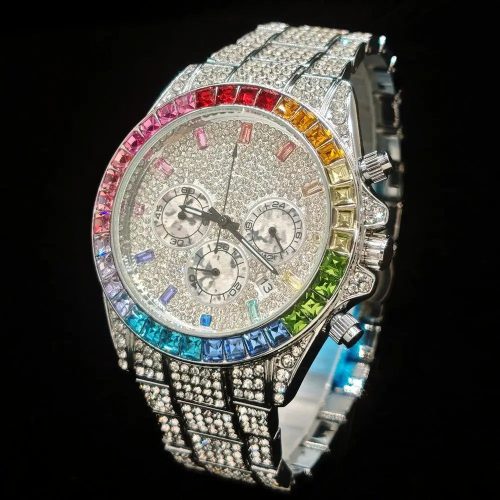 Gold Watch For Men Brand UNIGUET Hip Hop Rainbow Diamond shiny Jewelry