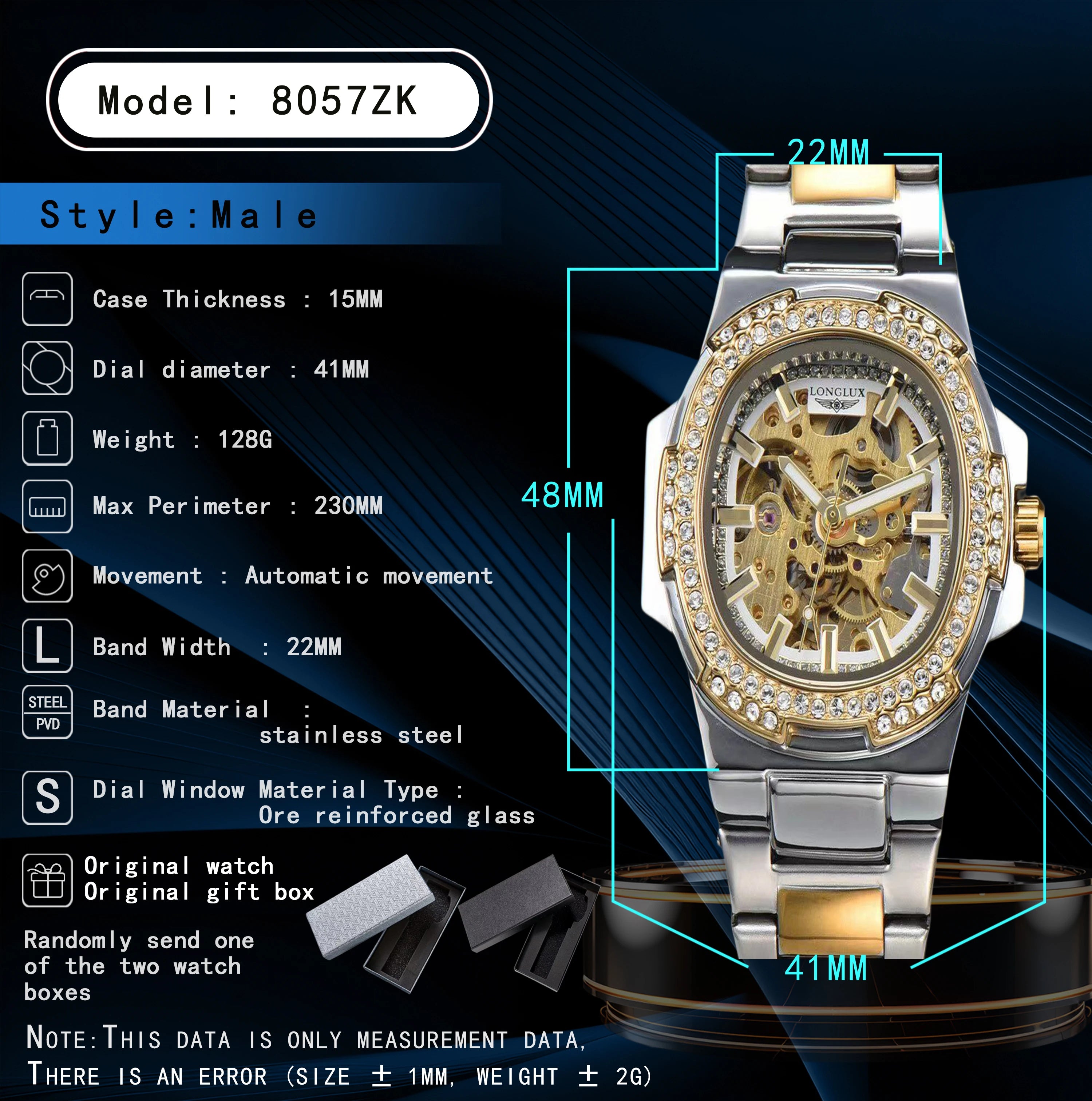LONGLUX automatic man watch luxury stainless steel mechanical