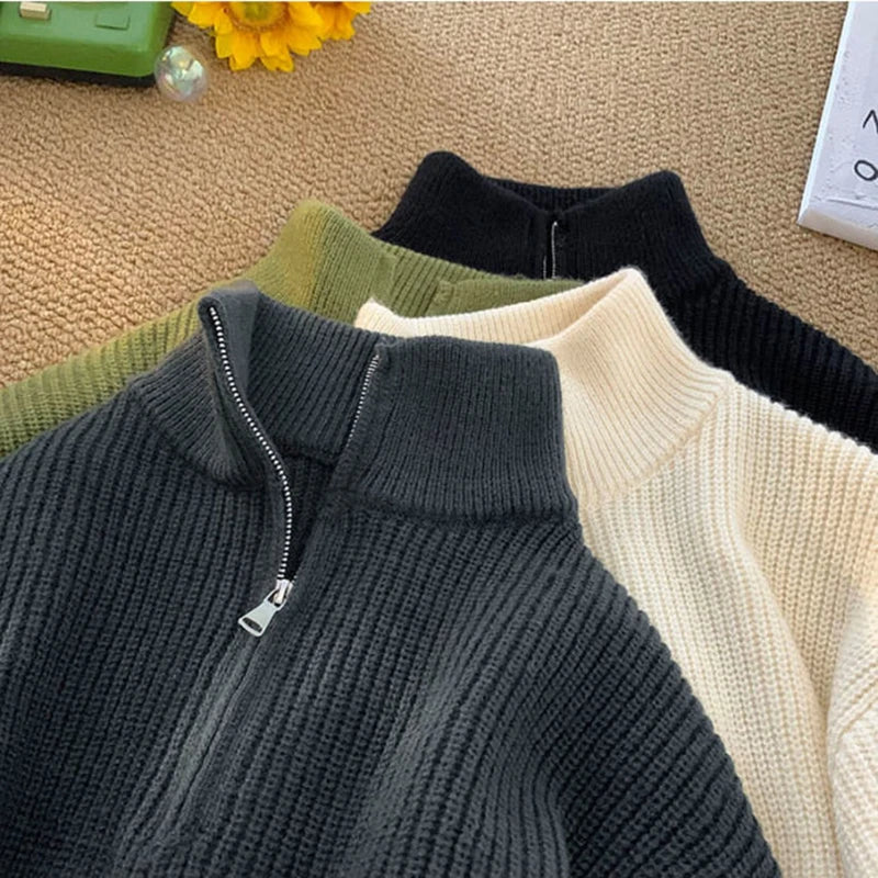 Zipper Turtleneck MEN Knitted Sweatshirt Korean Loose Lazy Style Solid Sweater