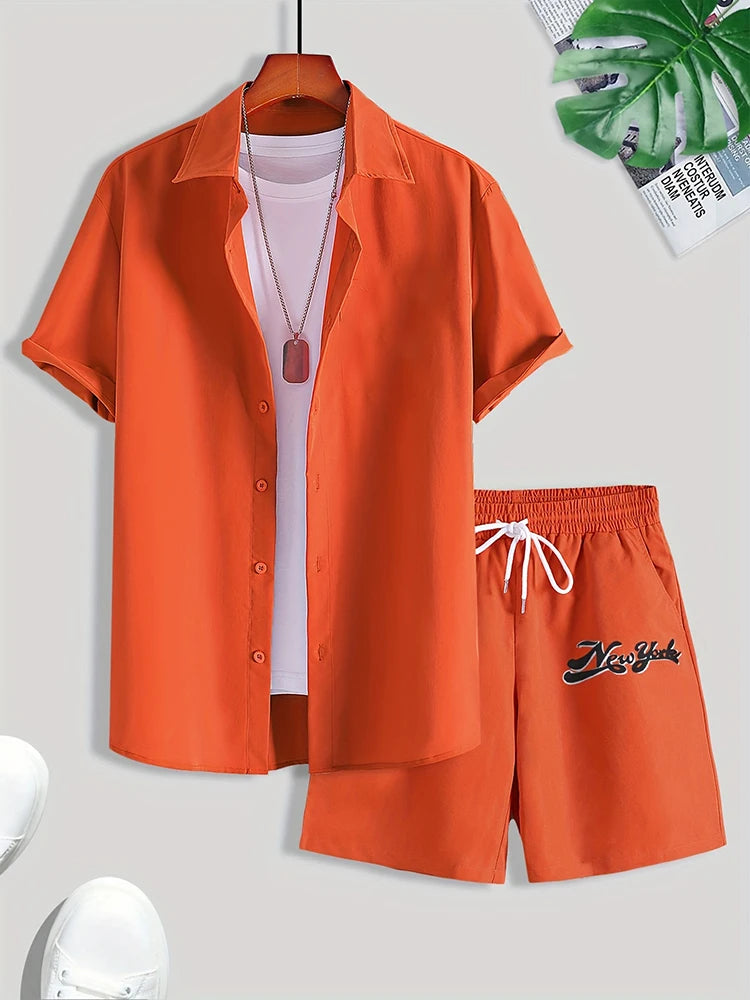Simple Solid Color Men's Shirt Summer Trend Short Sleeve Shorts