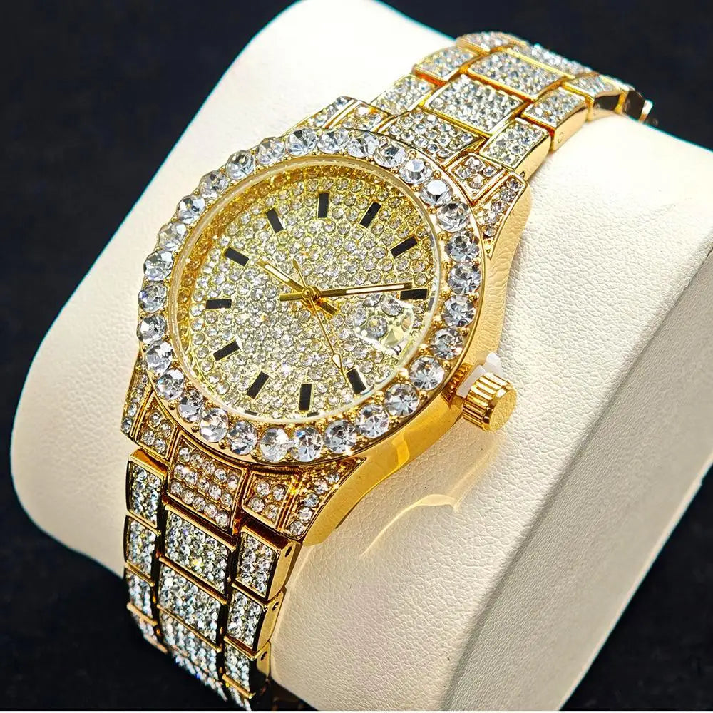 Fashion Gold Watches Women Luxury Stainless Steel Elegant Iced Diamond Jewelry