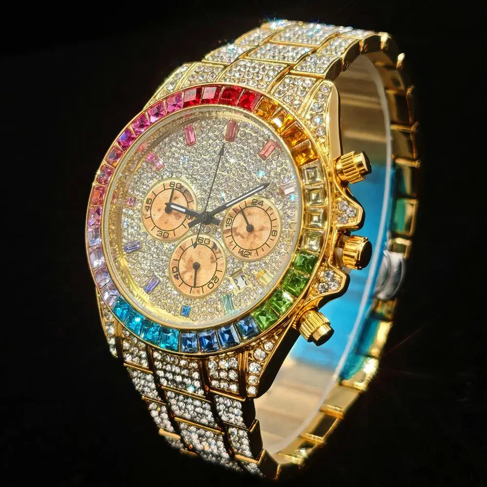Gold Watch For Men Brand UNIGUET Hip Hop Rainbow Diamond shiny Jewelry