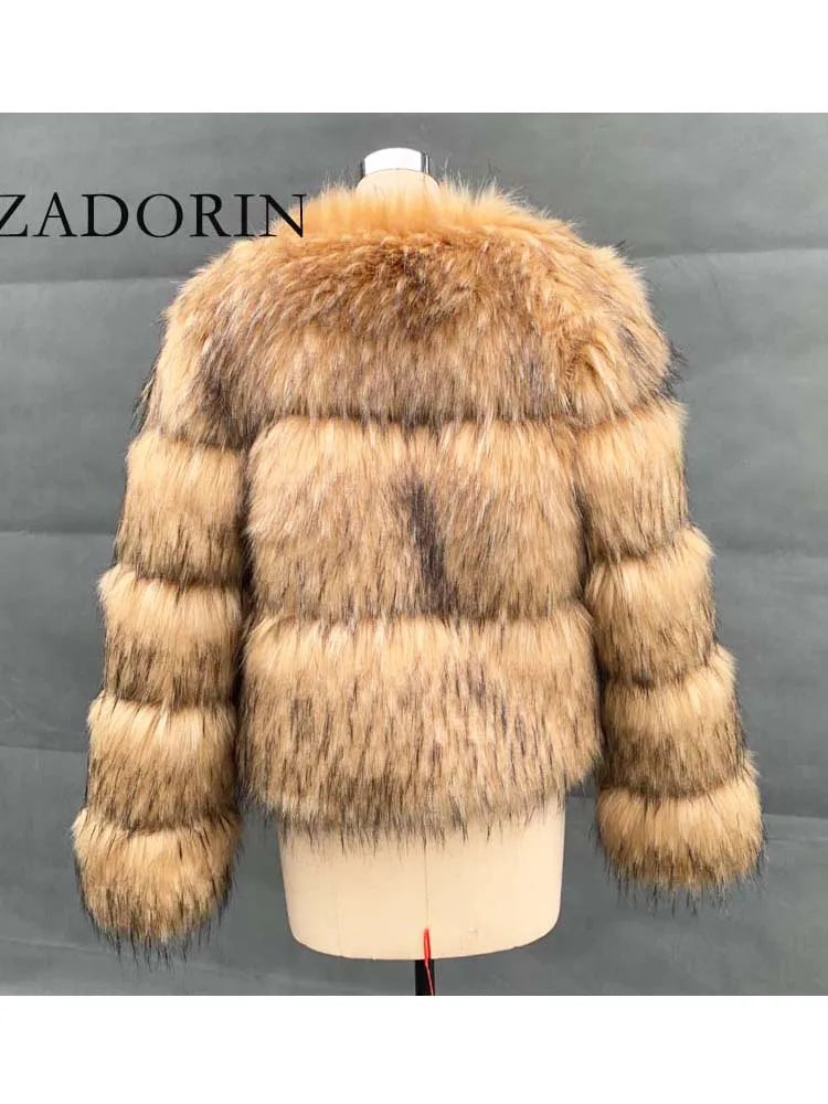 ZADORIN Woman Fashion Faux Raccoon Fur Coat Luxury Short Warm