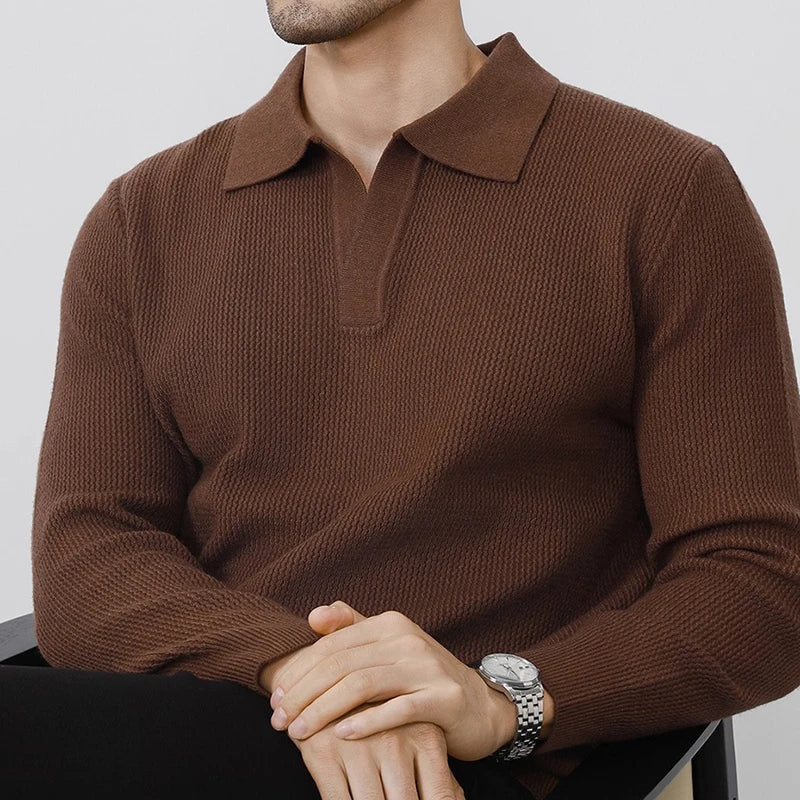 VOODIEX Autumn New Casual Knit Polo Shirts Men Fashionable Long Sleeve