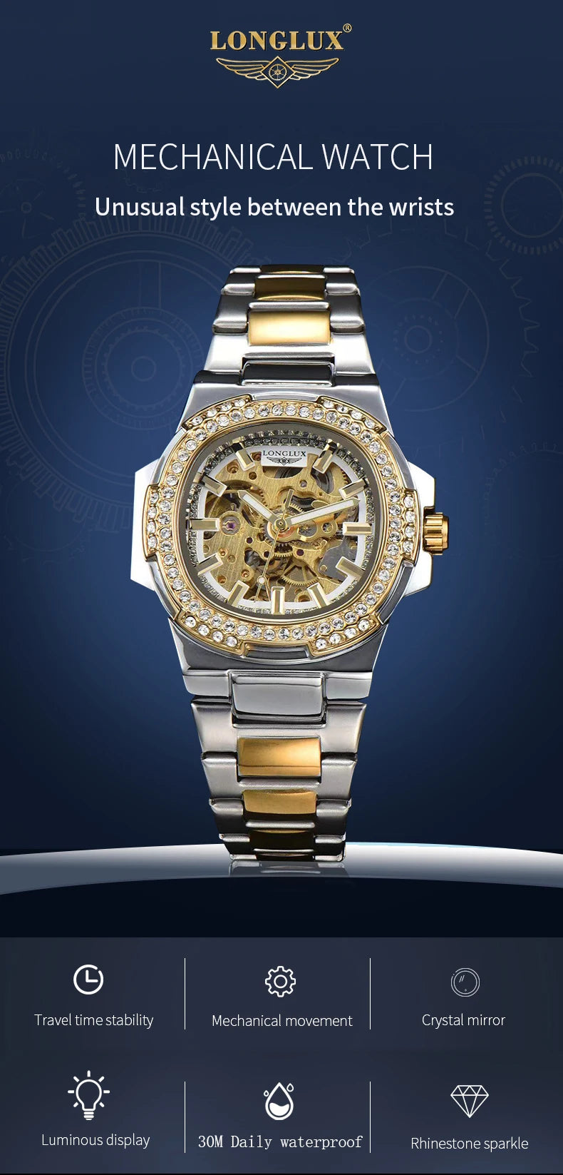 LONGLUX automatic man watch luxury stainless steel mechanical