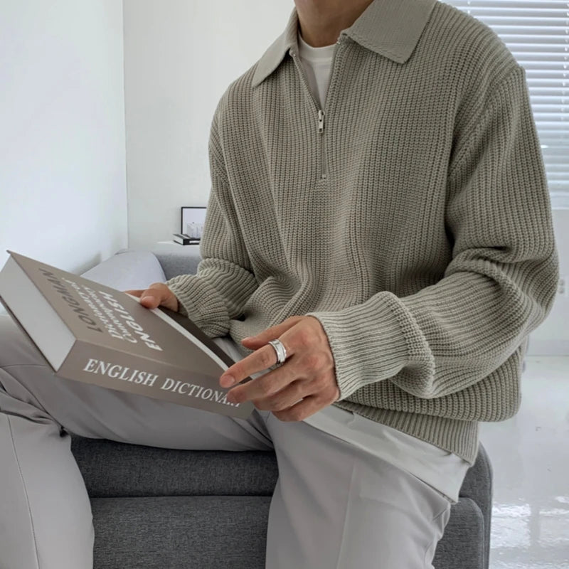 Men Warm Fashion Casual Knit Pullover Men Korean Loose Zipper Long Sleeve