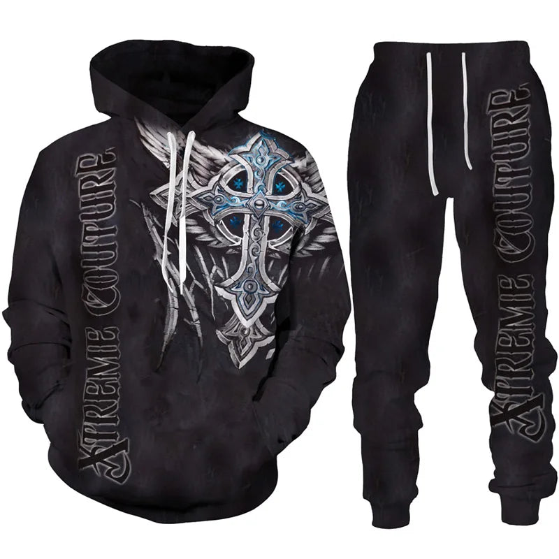 Men Hoodie & SET Tracksuit Gothic Skull Tattoo 3D Printed Fashion