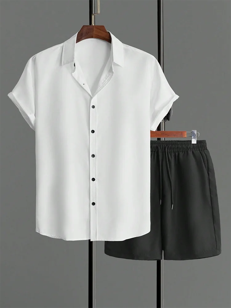 Simple Solid Color Men's Shirt Summer Trend Short Sleeve Shorts