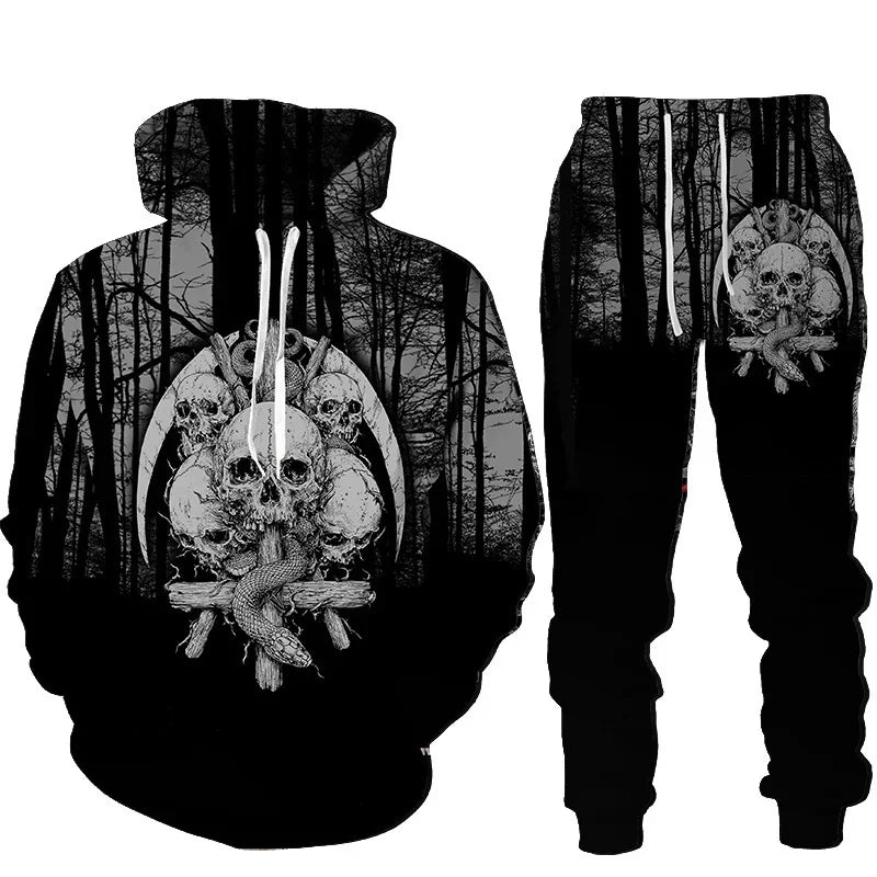 Men Punk Hoodie Suit Skull 3D Print Tracksuit/Pants Goth Skeletons Pullover